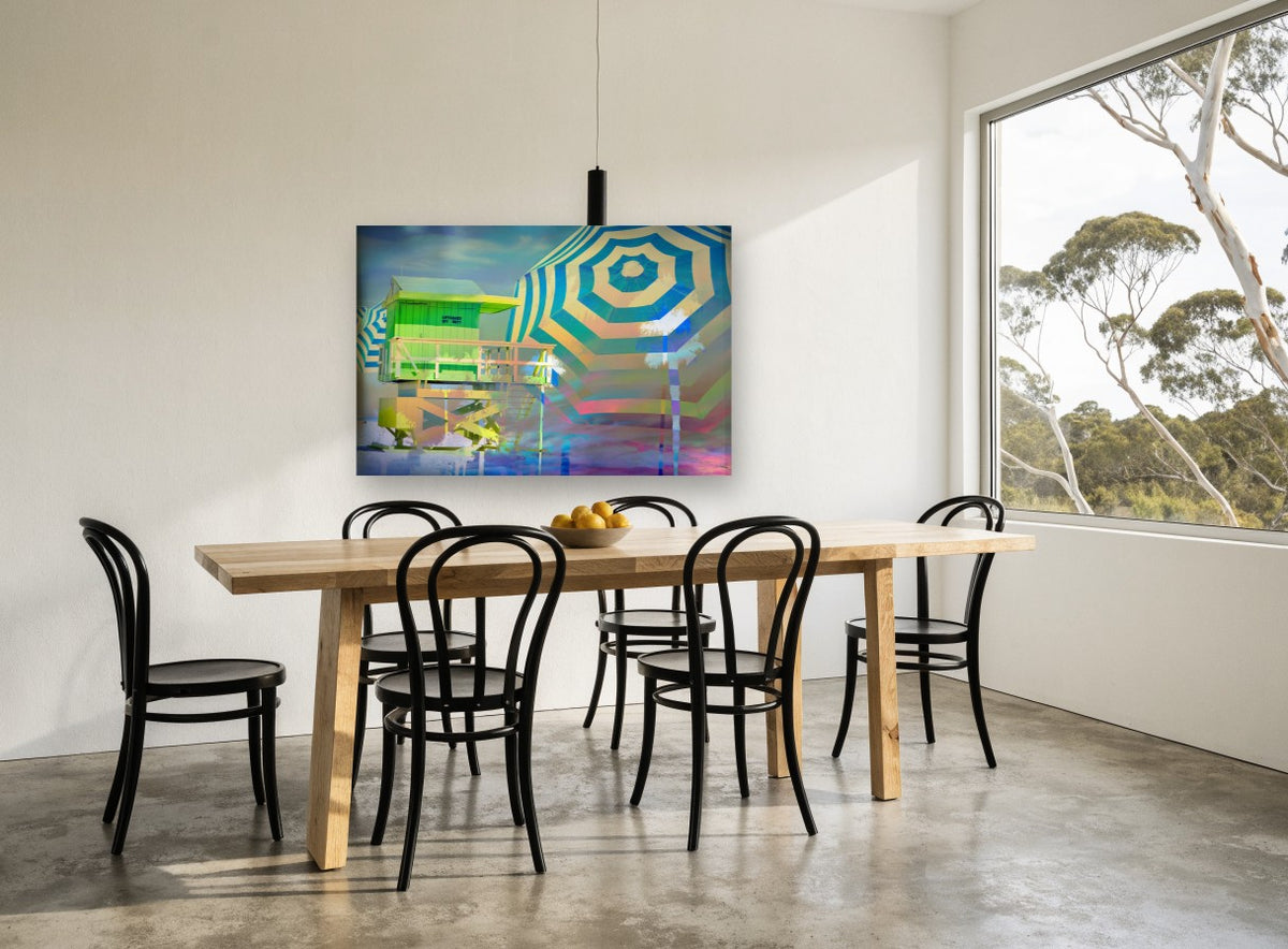Neon Lifeguard Hut coastal canvas print on the wall of a dining room