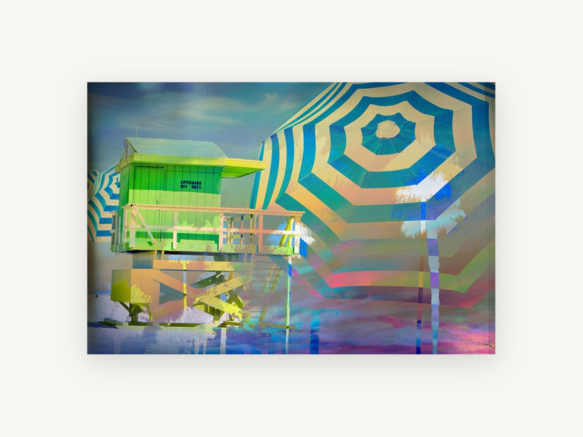 Neon Lifeguard Hut, coastal canvas wall art print, front view