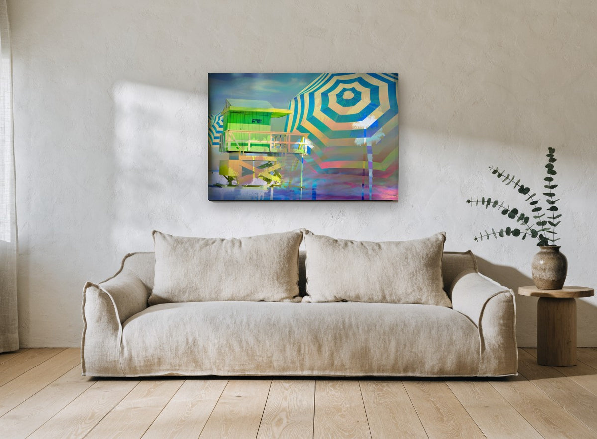 Neon Lifeguard Hut coastal canvas print on the wall of a living room