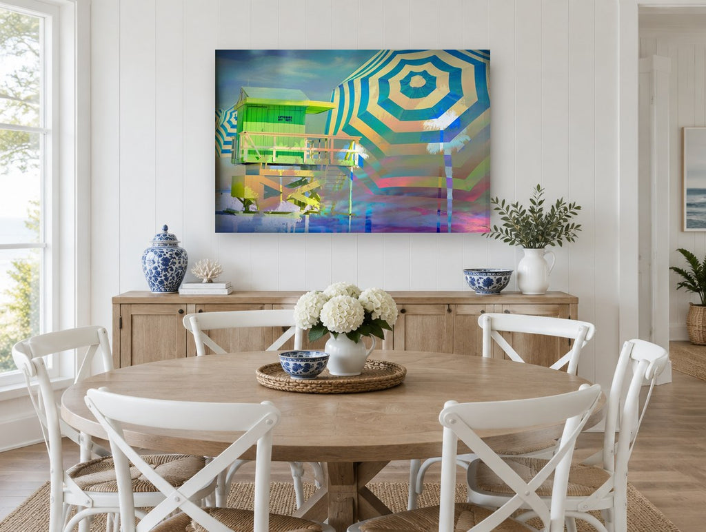 Neon Lifeguard Hut coastal canvas print on the wall of a Hamptons dining room