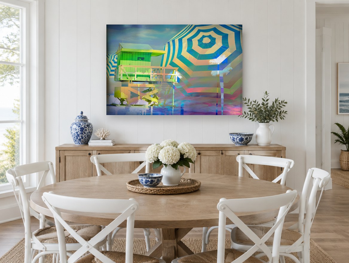 Neon Lifeguard Hut coastal canvas print on the wall of a Hamptons dining room