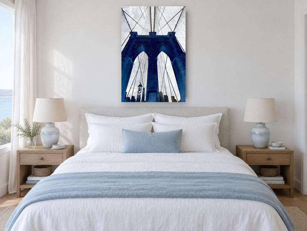 Cobalt Gothic Arches city canvas print on the wall of a bedroom