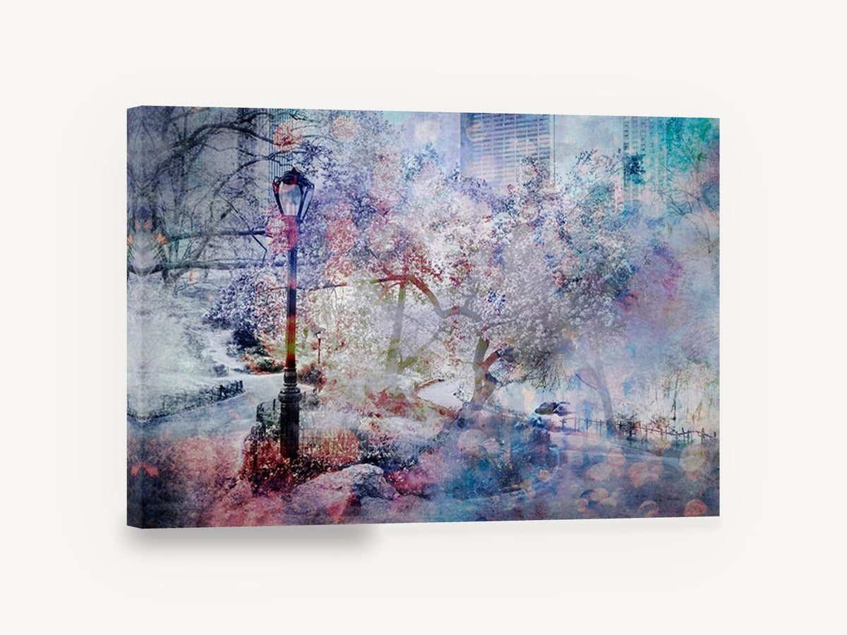 Pastel Park Bloom, central park blossom lamp post artwork, city canvas wall art print ready to hang