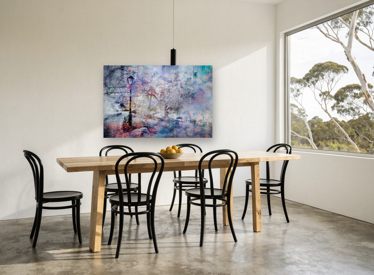 Pastel Park Bloom city canvas print on the wall of a dining room