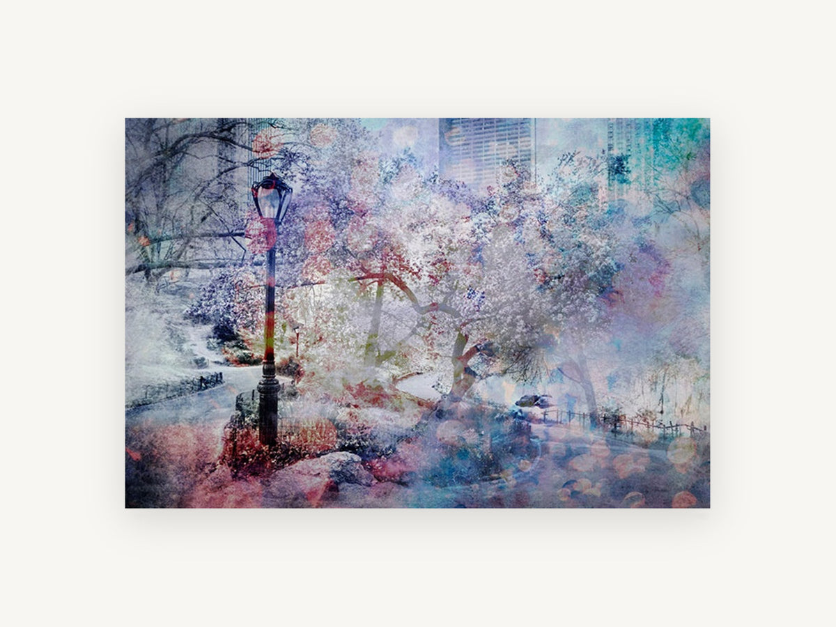 Pastel Park Bloom, central park blossom lamp post artwork, city canvas wall art print, front view