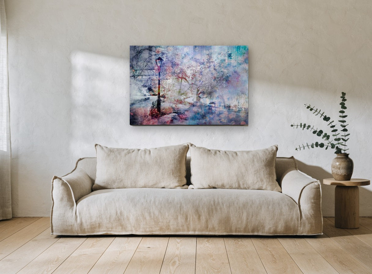 Pastel Park Bloom city canvas print on the wall of a living room