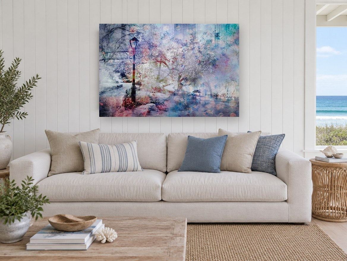 Pastel Park Bloom city canvas print on the wall of a beach house living room
