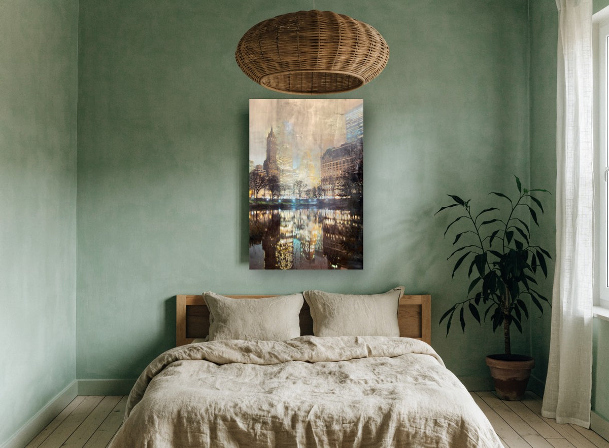 Central Park Pond Reflections city canvas print on the wall of a bedroom