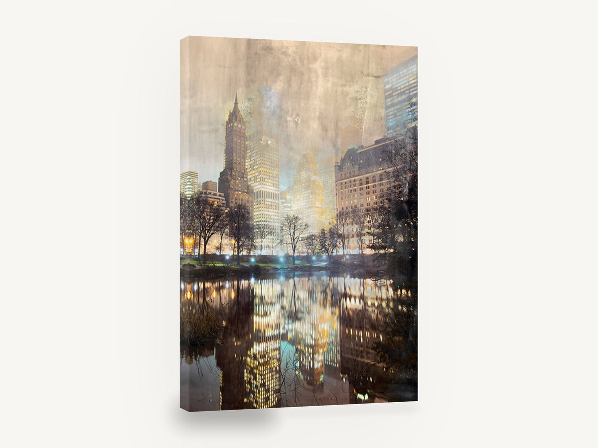 Central Park Pond Reflections, central park pond new york skyline reflection, city canvas wall art print ready to hang