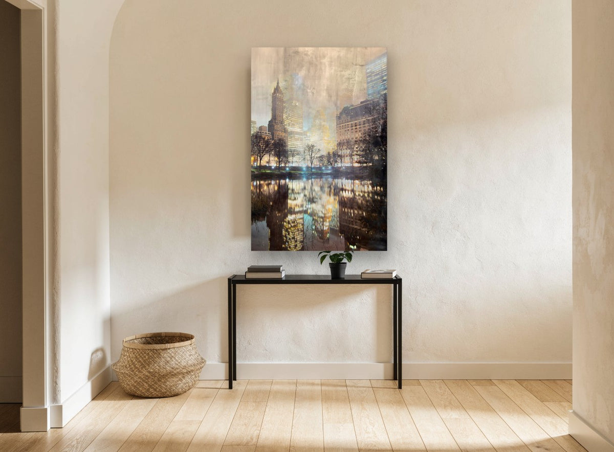 Central Park Pond Reflections city canvas print on the wall of a hallway