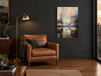 Central Park Pond Reflections city canvas print on the wall of a charcoal living room