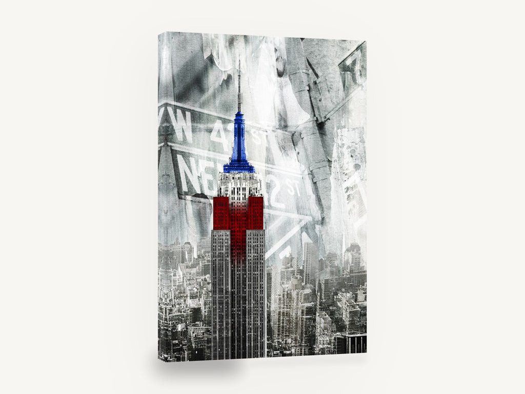 Patriotic Empire Tower, empire state building red and blue collage, city canvas wall art print ready to hang