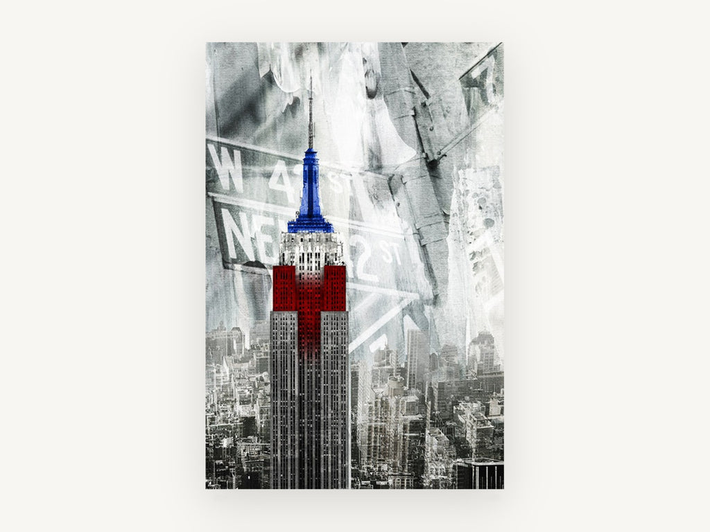 Patriotic Empire Tower, empire state building red and blue collage, city canvas wall art print, front view
