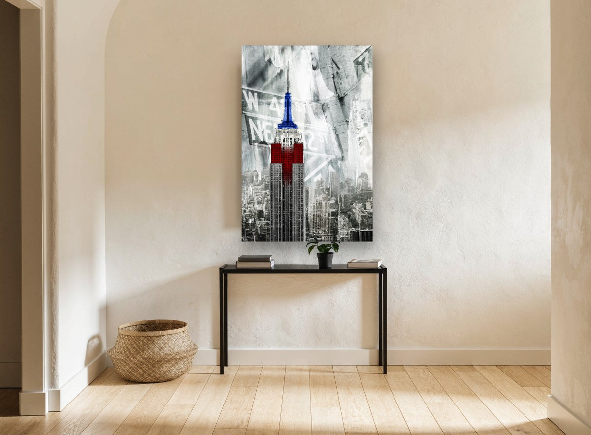 Patriotic Empire Tower city canvas print on the wall of a hallway