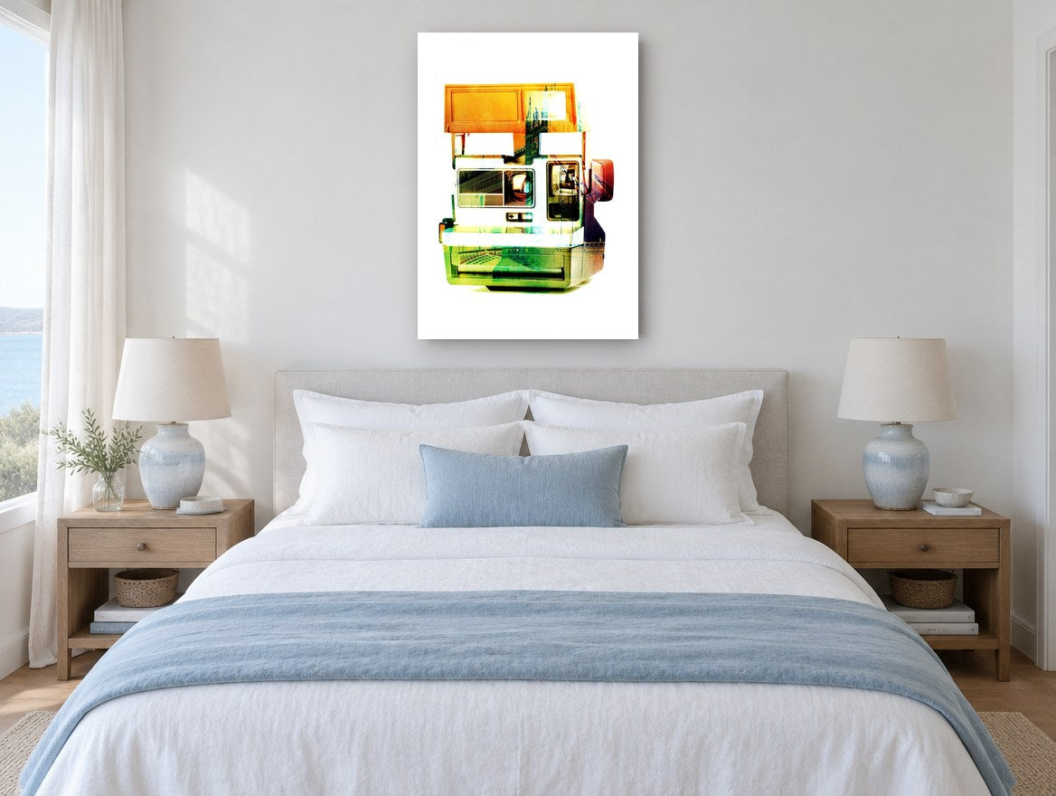 Instant London Camera vintage canvas print on the wall of a coastal bedroom