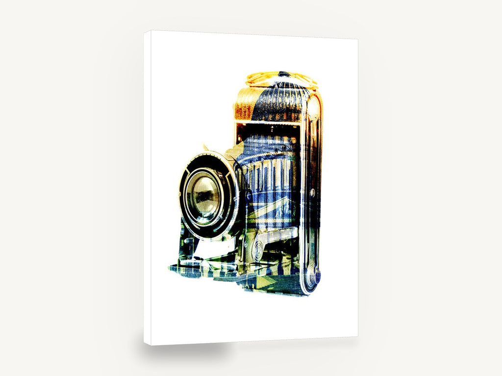 Folding Camera Double Exposure, vintage folding camera double exposure, stretched canvas wall art print ready to hang