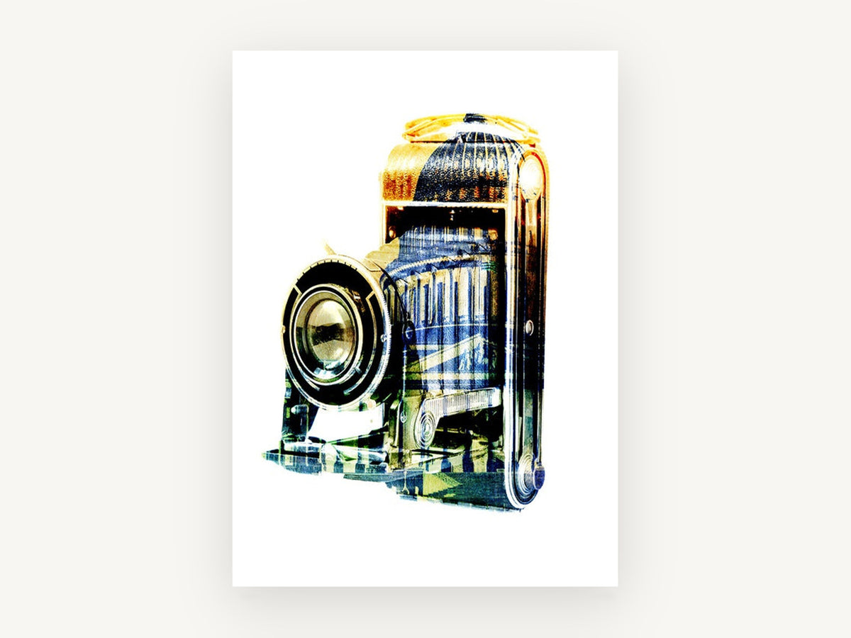 Folding Camera Double Exposure, vintage canvas wall art print, front view