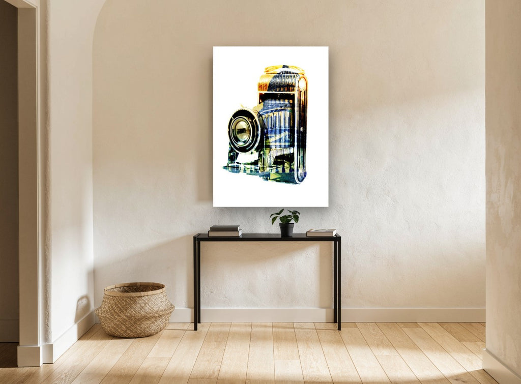 Folding Camera Double Exposure vintage canvas print on the wall of a hallway