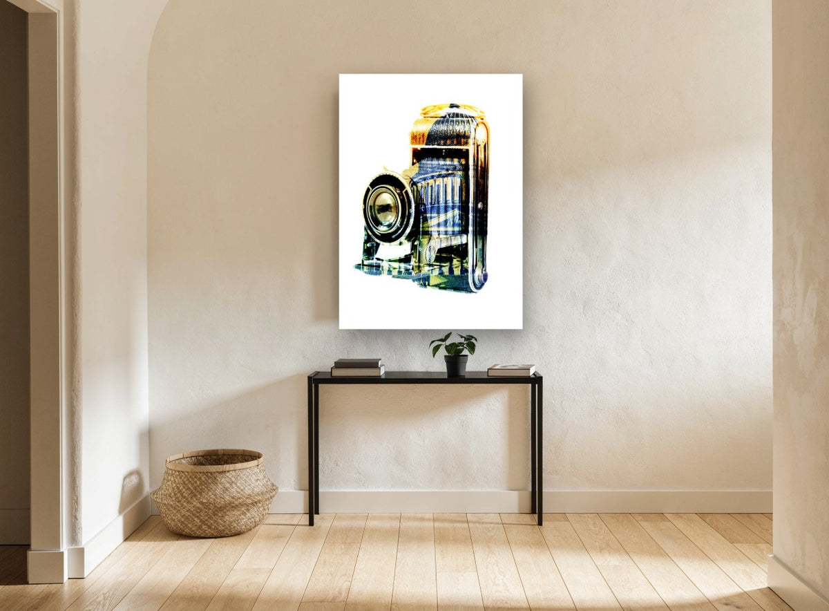 Folding Camera Double Exposure vintage canvas print on the wall of a hallway