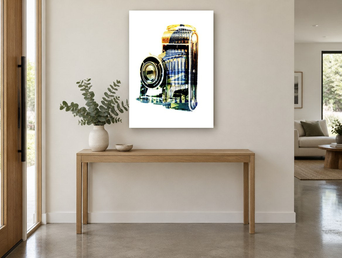 Folding Camera Double Exposure vintage canvas print on the wall of a entry hall