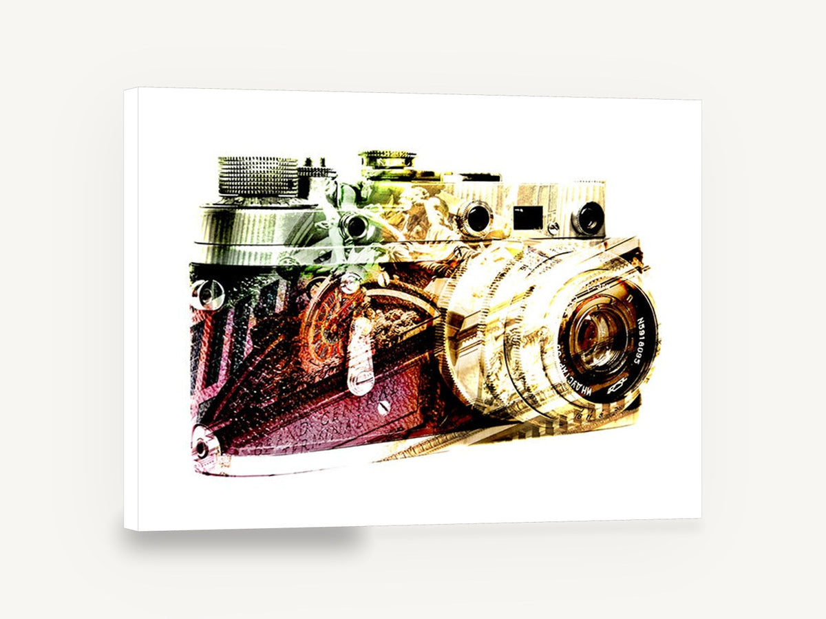 Double Exposure Rangefinder, vintage rangefinder camera double exposure, stretched canvas wall art print ready to hang