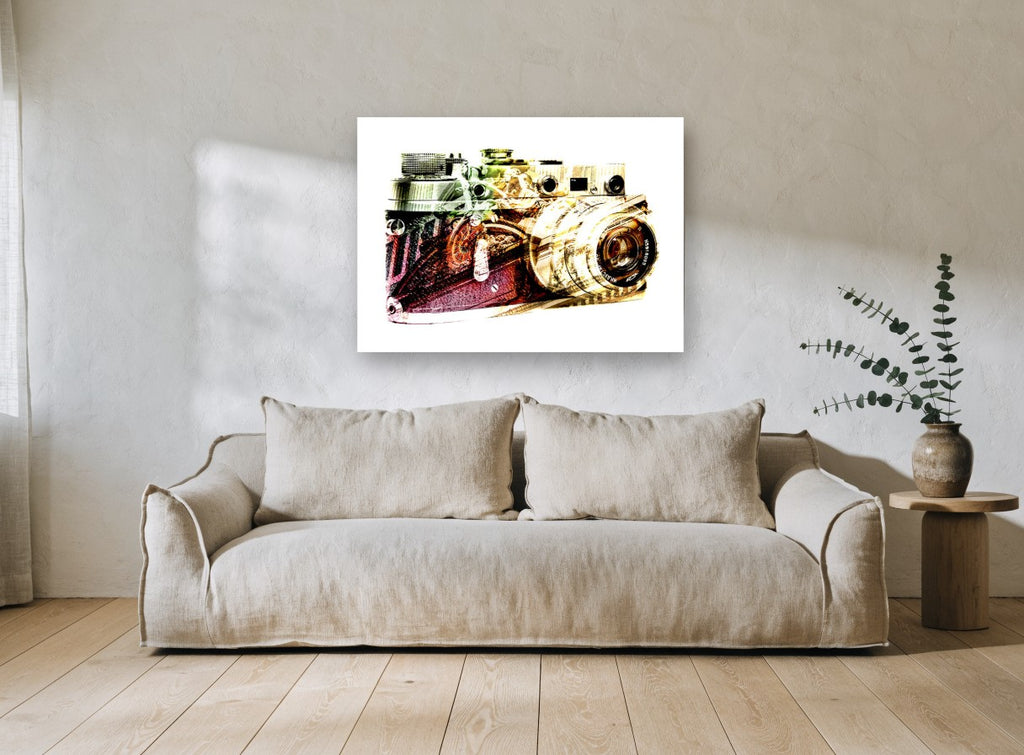 Double Exposure Rangefinder vintage canvas print on the wall of a living room