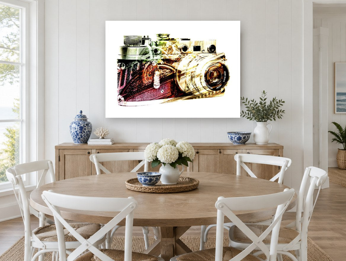 Double Exposure Rangefinder vintage canvas print on the wall of a Hamptons dining room