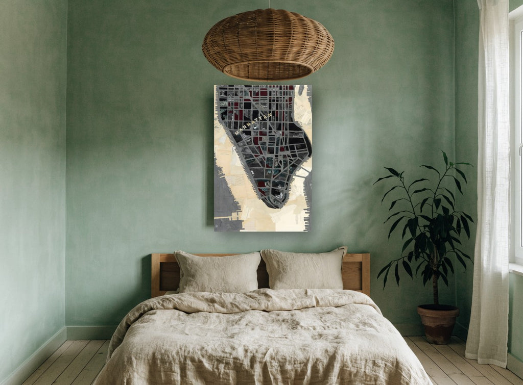Manhattan Collage Map city canvas print on the wall of a bedroom