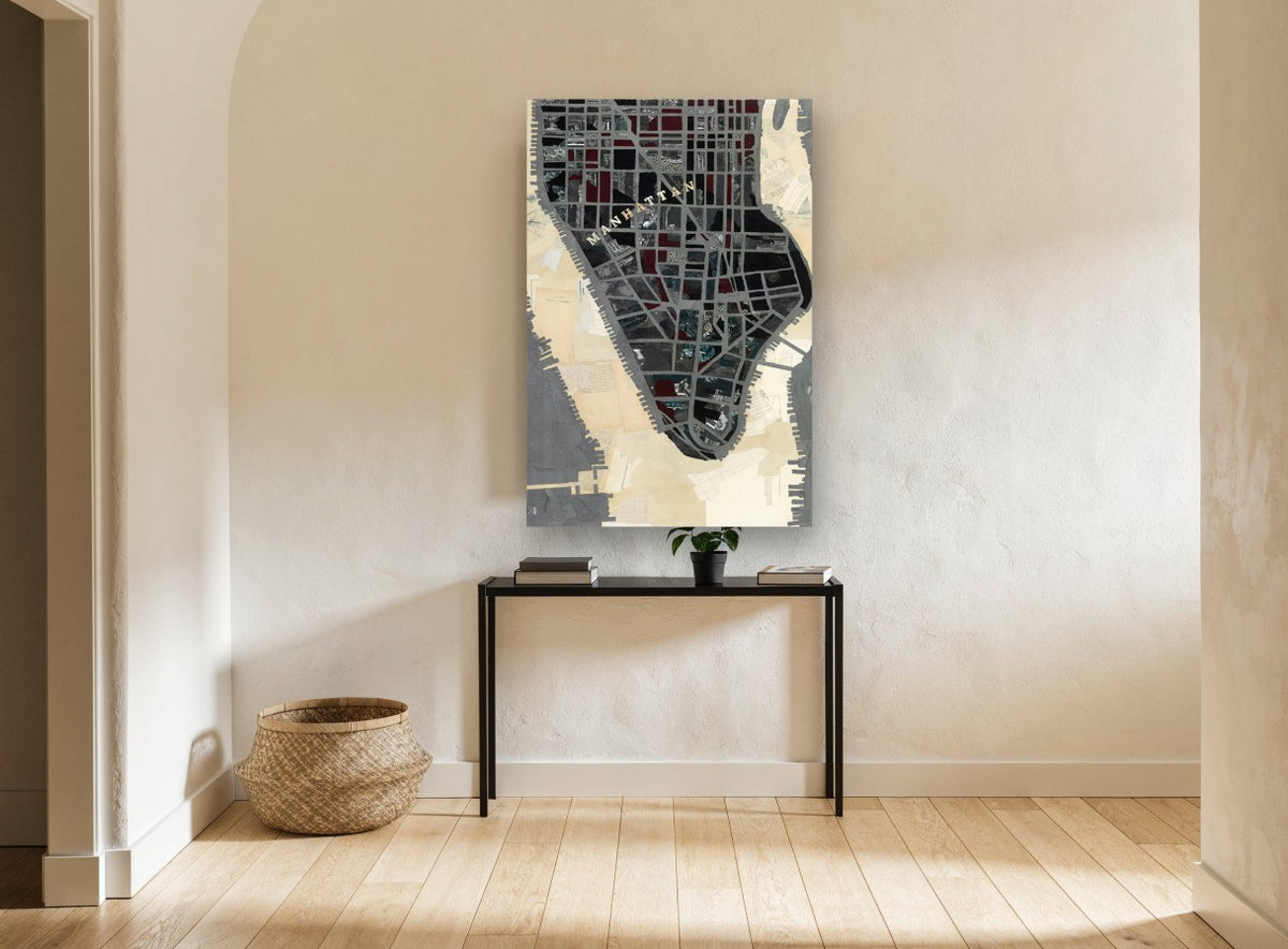 Manhattan Collage Map city canvas print on the wall of a hallway