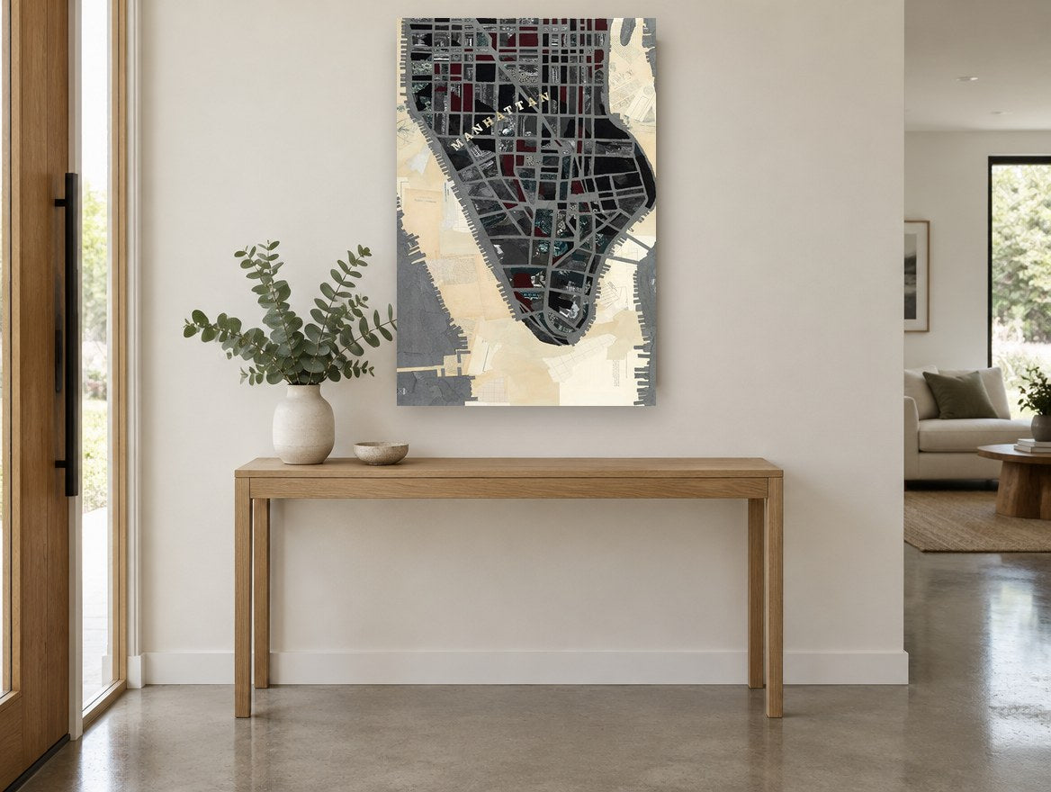 Manhattan Collage Map city canvas print on the wall of a entry hall