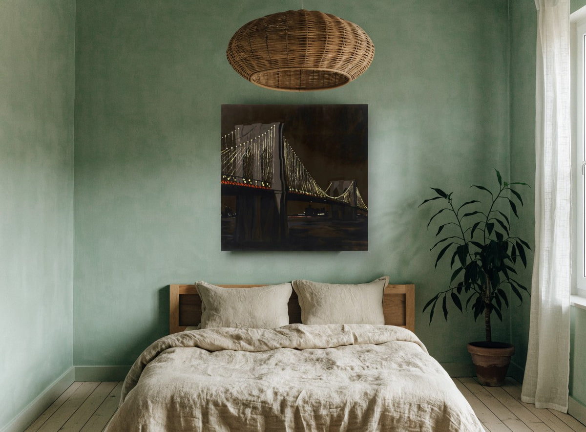 Brooklyn Bridge After Dark city canvas print on the wall of a bedroom
