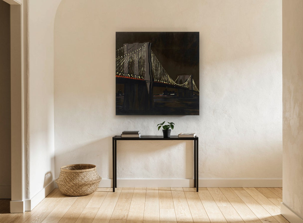 Brooklyn Bridge After Dark city canvas print on the wall of a hallway