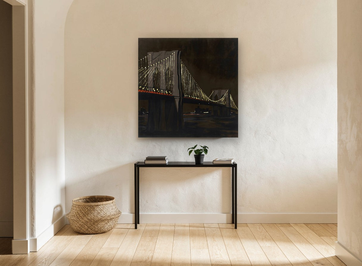 Brooklyn Bridge After Dark city canvas print on the wall of a hallway
