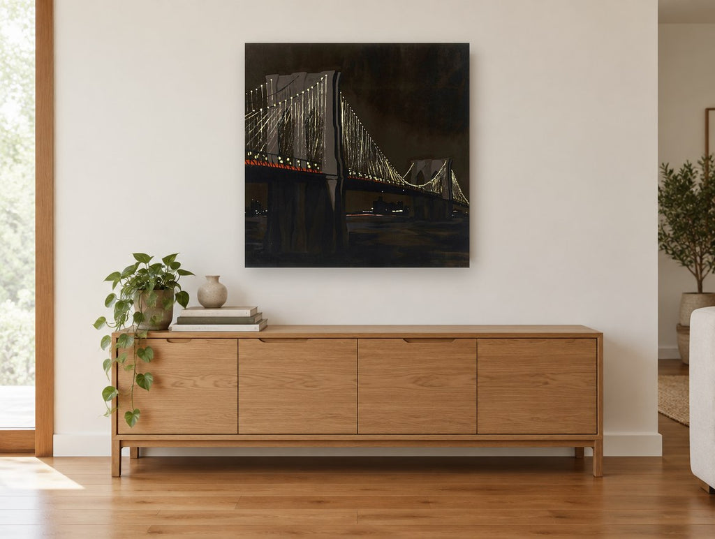 Brooklyn Bridge After Dark city canvas print on the wall of a living room above a sideboard