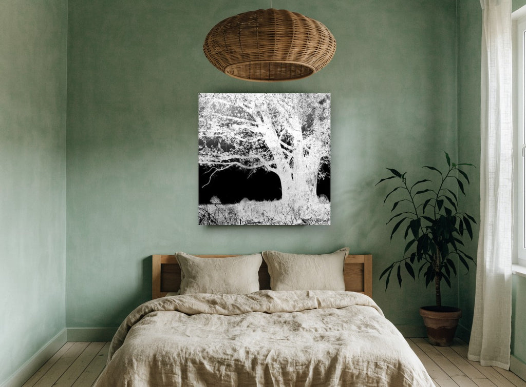 Inverted Oak Tree landscape canvas print on the wall of a bedroom