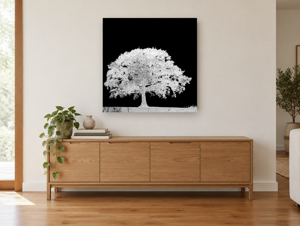 Ghost Oak Negative landscape canvas print on the wall of a living room above a sideboard
