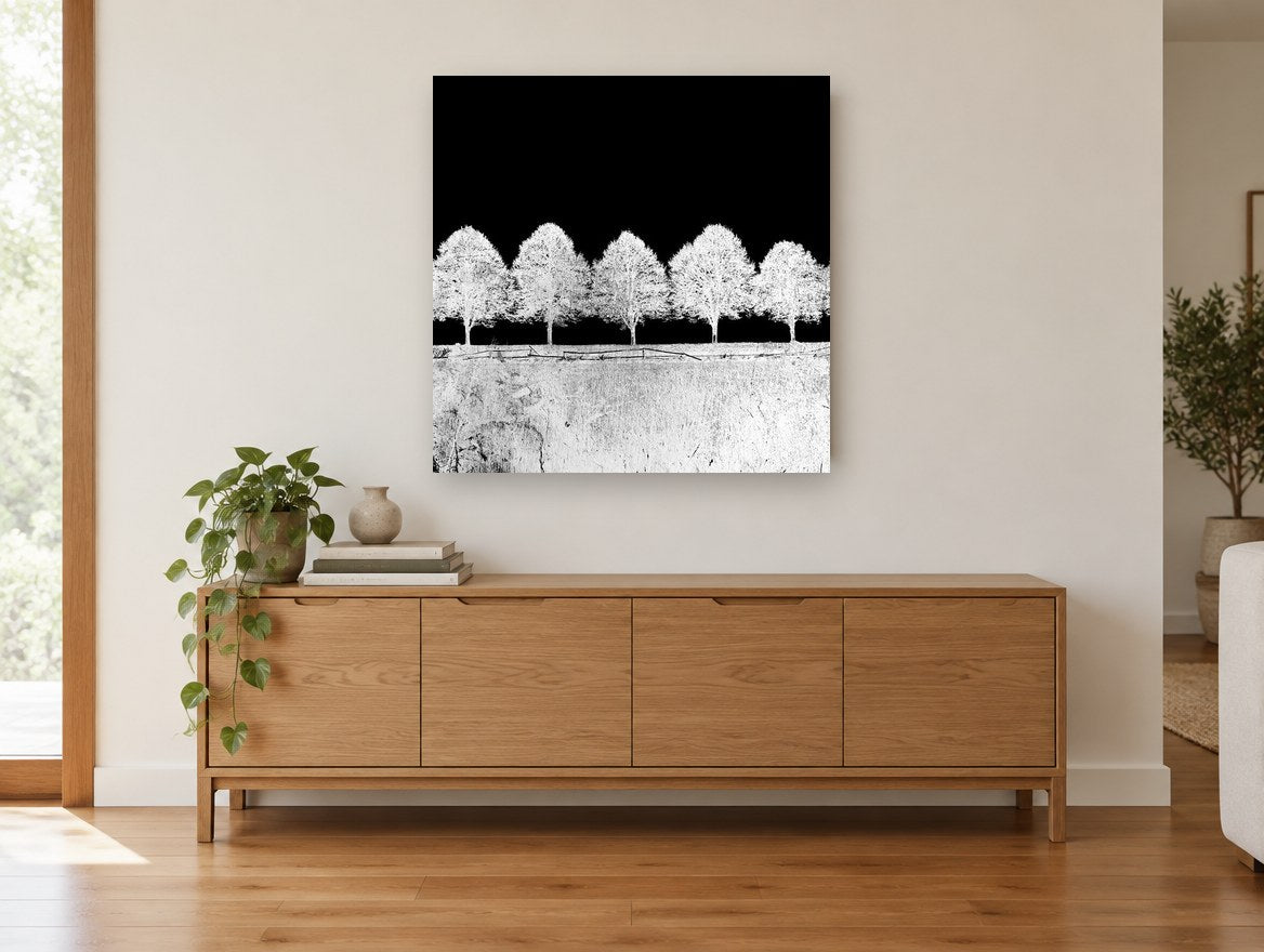 Inverted Tree Row landscape canvas print on the wall of a living room above a sideboard