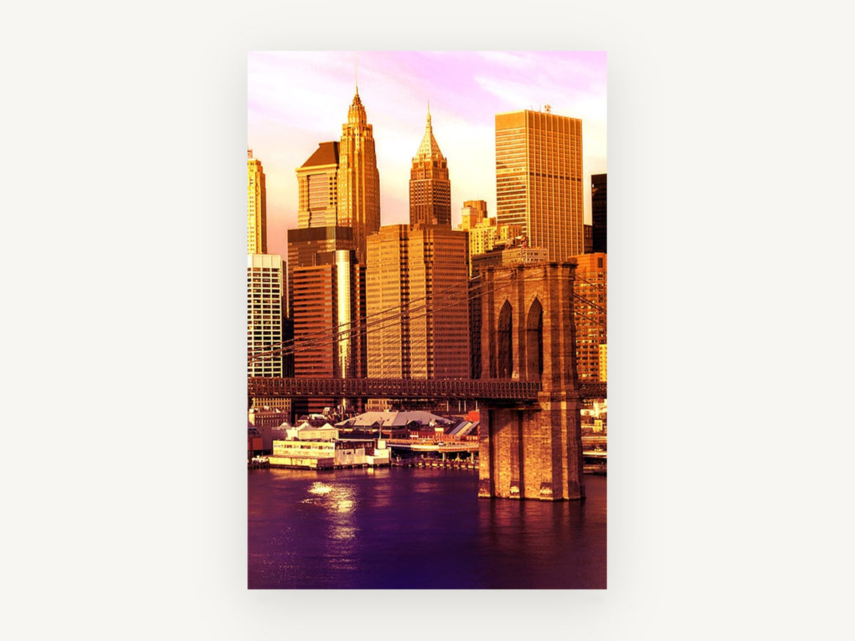 Brooklyn Bridge Golden Hour, brooklyn bridge skyline at sunset, city canvas wall art print, front view