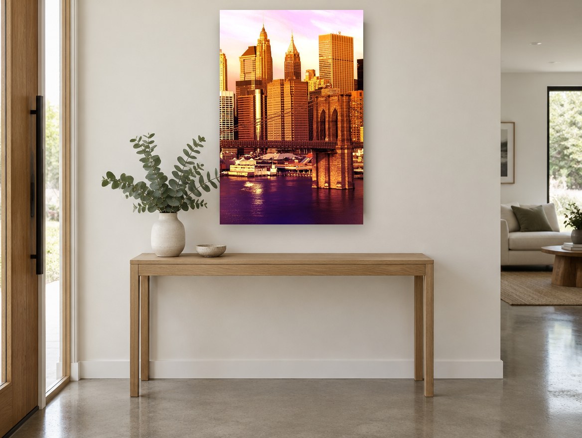 Brooklyn Bridge Golden Hour city canvas print on the wall of a entry hall