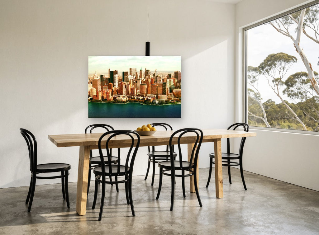 Lower Manhattan Waterfront city canvas print on the wall of a dining room
