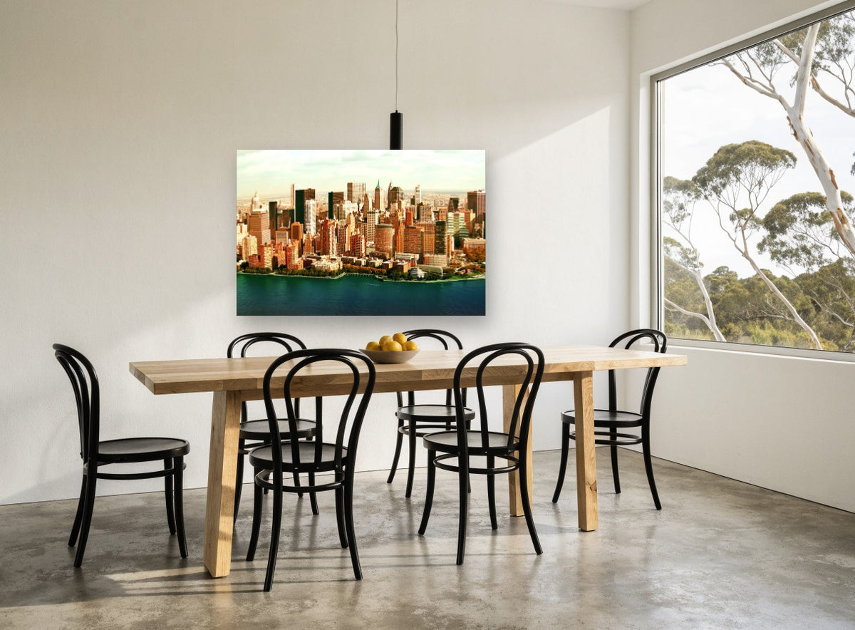 Lower Manhattan Waterfront city canvas print on the wall of a dining room