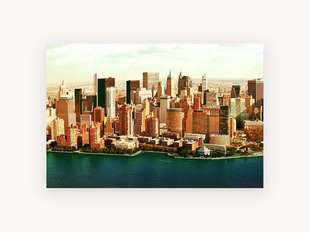 Lower Manhattan Waterfront, lower manhattan skyline aerial photograph, city canvas wall art print, front view