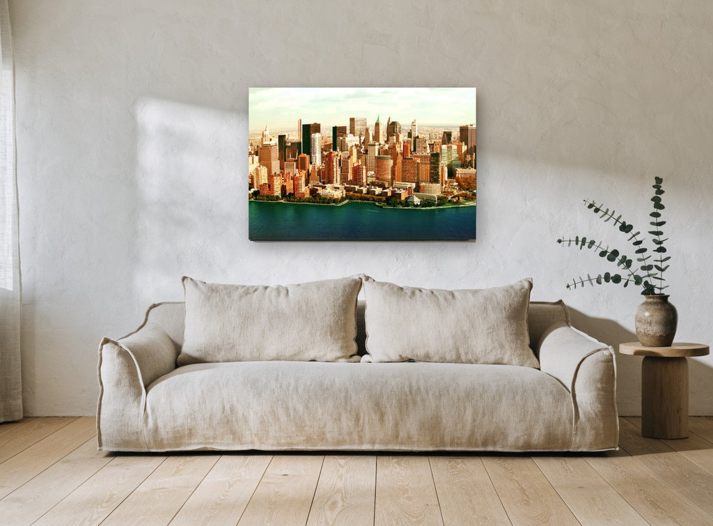 Lower Manhattan Waterfront city canvas print on the wall of a living room