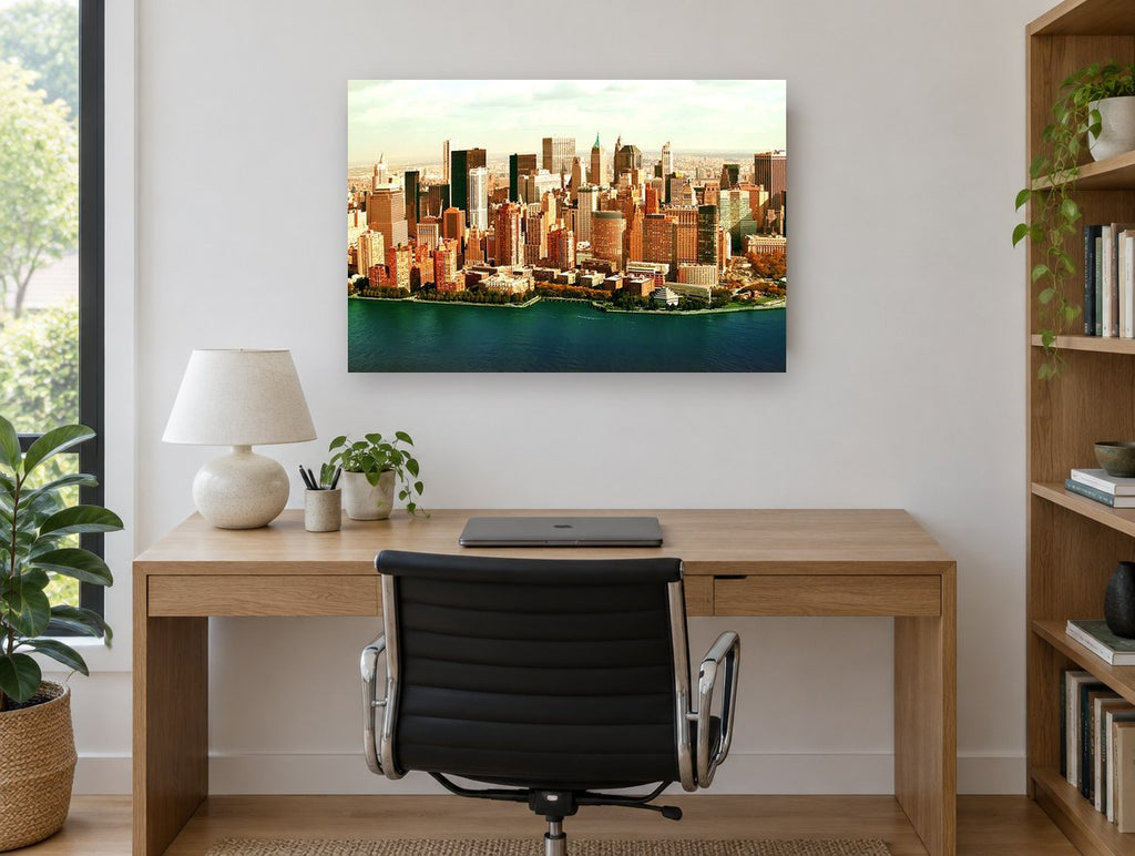 Lower Manhattan Waterfront city canvas print on the wall of a study