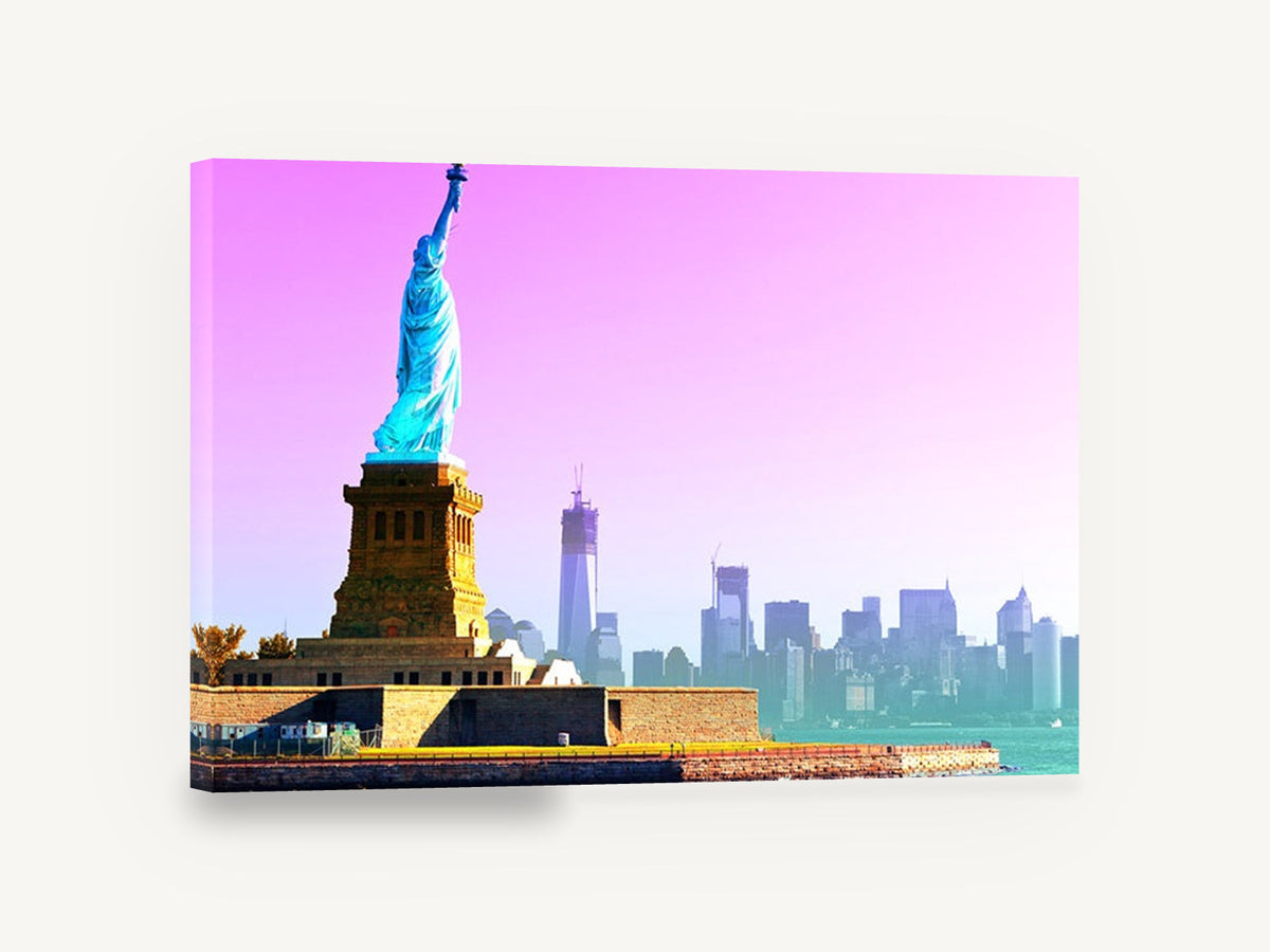 Liberty in Pink Haze, statue of liberty pink sky photograph, city canvas wall art print ready to hang