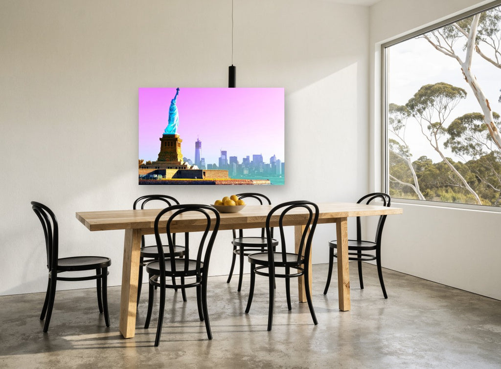 Liberty in Pink Haze city canvas print on the wall of a dining room