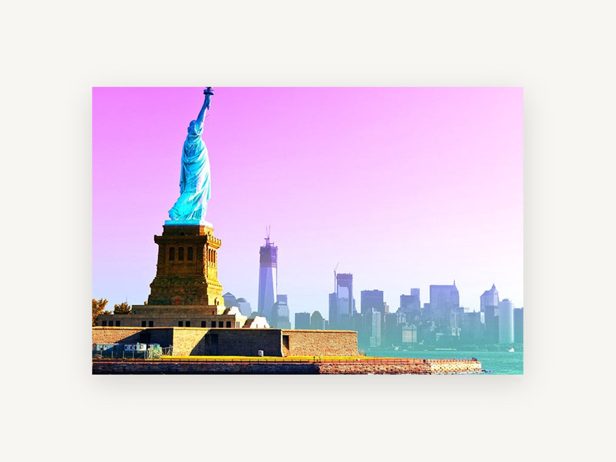 Liberty in Pink Haze, statue of liberty pink sky photograph, city canvas wall art print, front view