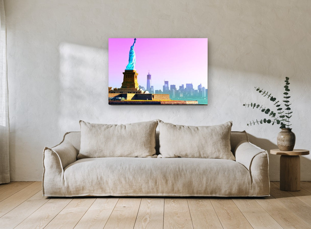 Liberty in Pink Haze city canvas print on the wall of a living room