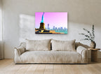 Liberty in Pink Haze city canvas print on the wall of a living room