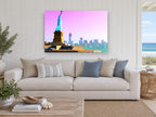 Liberty in Pink Haze city canvas print on the wall of a beach house living room